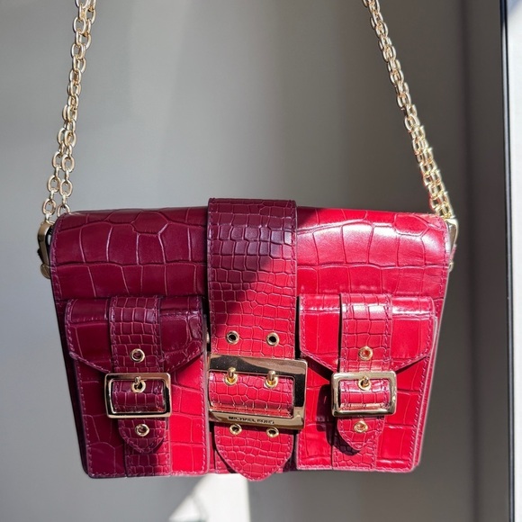 Michael Kors Embossed Gold Chain Leather Bag in Burgundy - Picture 4 of 17